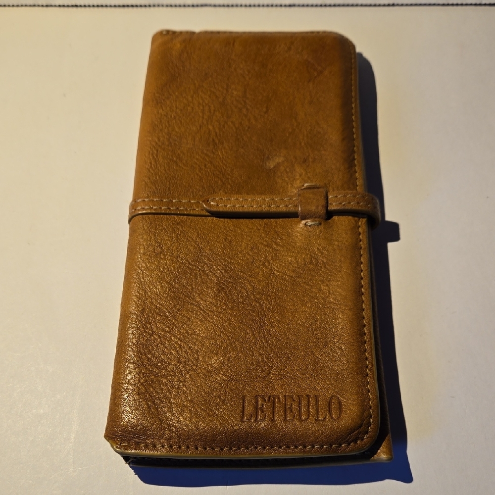Leteulo Tan Leather Fold Over Wallet 8"X3 3/4"